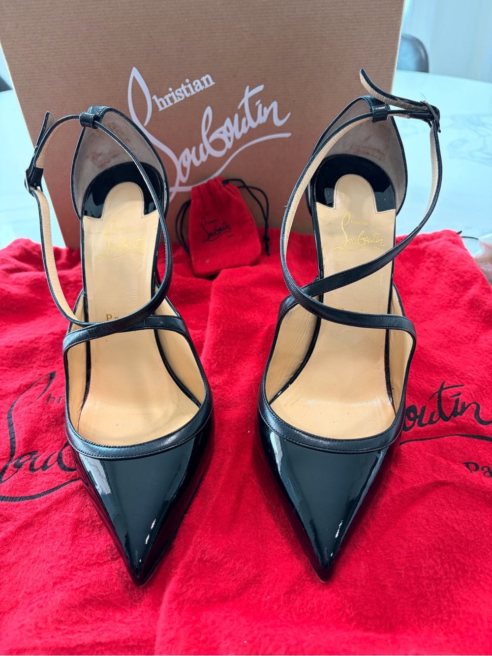 Christian Louboutin Black Patent Leather Strappy Pointed-Toe Pumps